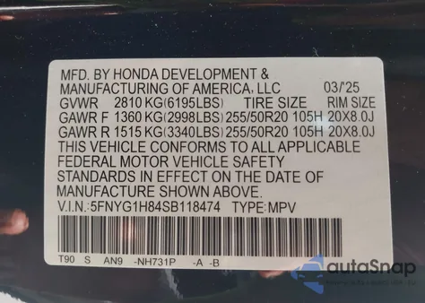 2025 Honda Pilot Elite from USA, damaged, VIN 5FNYG1H84SB118474